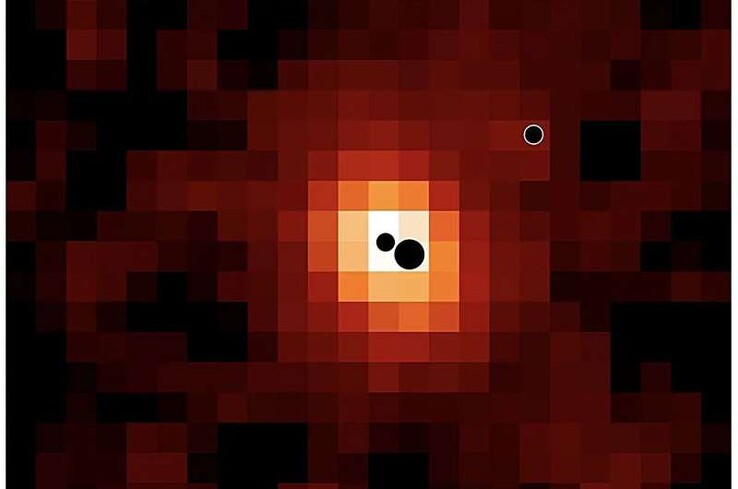 Une carte représentant la galaxie J0148-4214 et ses trois trous noirs.