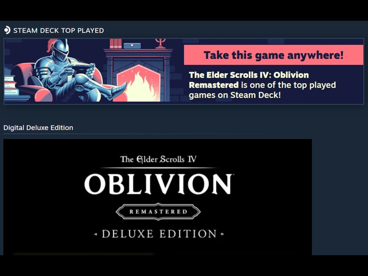 Une capture d'écran d'une bannière publicitaire Steam présentant *The Elder Scrolls IV : Oblivion Remastered* comme l'un des jeux les plus joués sur la Steam Deck.