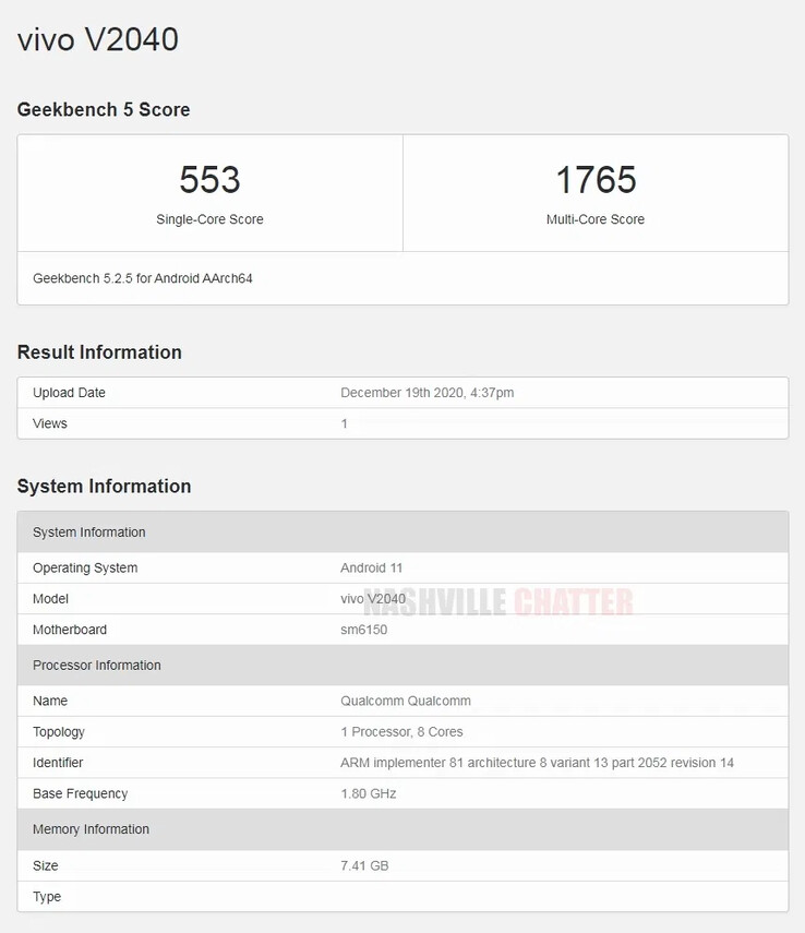 Le "vivo v2040" sur Geekbench 5. (Source : Geekbench via Nashville Chatter)