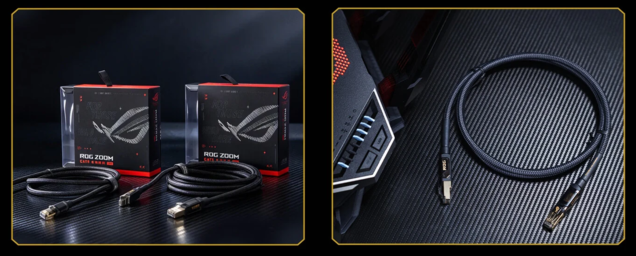 Asus ROG Zoom. Une gaine tressée haute densité le protège contre l’abrasion et la traction, tandis que les connecteurs RJ-45 sont dotés d’un blindage en cuivre plaqué or.