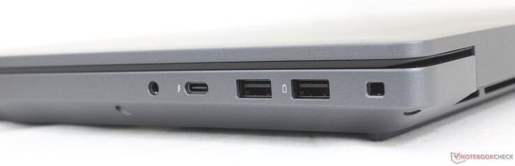 À droite : casque 3,5 mm, USB-C Thunderbolt 4 (40 Gbps) avec DisplayPort 2.1 + Power Delivery, USB-A 3.2 Gen. 1, fente de verrouillage
