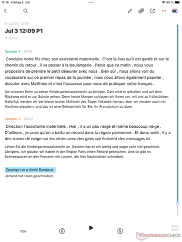 La transcription et la traduction depuis le français étaient d'excellente qualité dans cet exercice ; seuls quelques mots manquent.