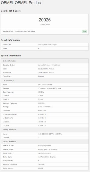 Avec un Core i7-13700H et 16 Go de mémoire. (Source : Geekbench)