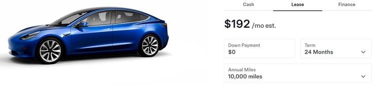 Paiement de la location de la Model 3 d'occasion avec zéro acompte.