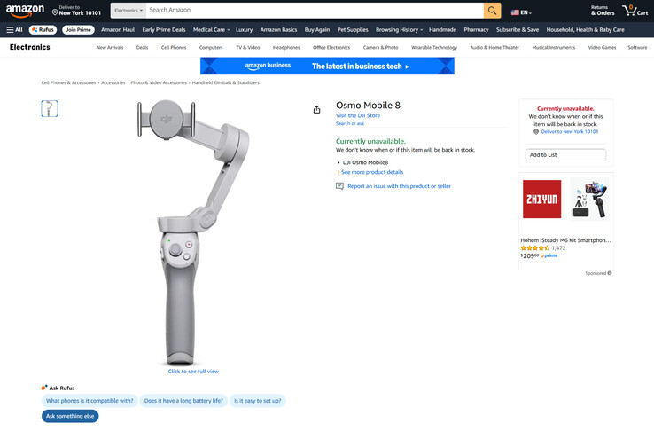 Une liste de produits Osmo Mobile 8 avec une image de produit Osmo Mobile 4 utilisée comme placeholder. (Source de l'image : Amazon)