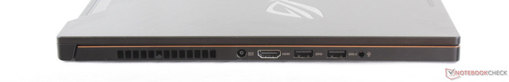 Côté gauche : entrée secteur, HDMI 2.0, 2 USB 3.0, écouteurs 3,5 mm.