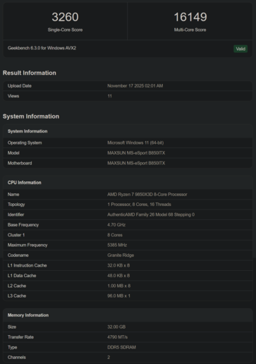 Ryzen 7 9850X3D Geekbench listing (source d'image : Geekbench)