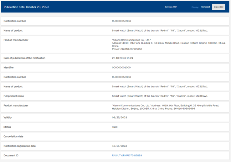 La certification CEE d'une smartwatch Redmi portant le numéro de modèle M2315W1. (Source de l'image : NRRA)