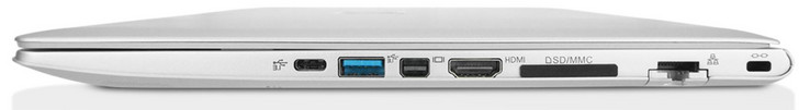 Côté droit : USB C avec Thunderbolt 3, USB A 3.1 Gen 1, MiniDisplayPort 1.3, HDMI 1.4b avec HDCP (Max. 2560 x 1600 à 60 Hz ; 3840 x 2160 à 30 Hz), lecteur de cartes, LAN Gigabit, verrou Kensington.
