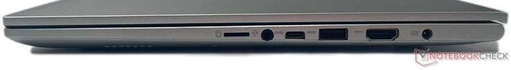 À droite : lecteur microSD, prise audio combo 3,5 mm, USB 3.2 Gen1 Type-C, USB 3.2 Gen1 Type-A, sortie HDMI 1.4, entrée DC