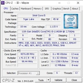 Intel Core i5-11400H. (Source de l'image : CPU-Z Validator)
