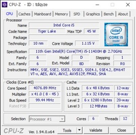 Intel Core i5-11400H. (Source de l'image : CPU-Z Validator)