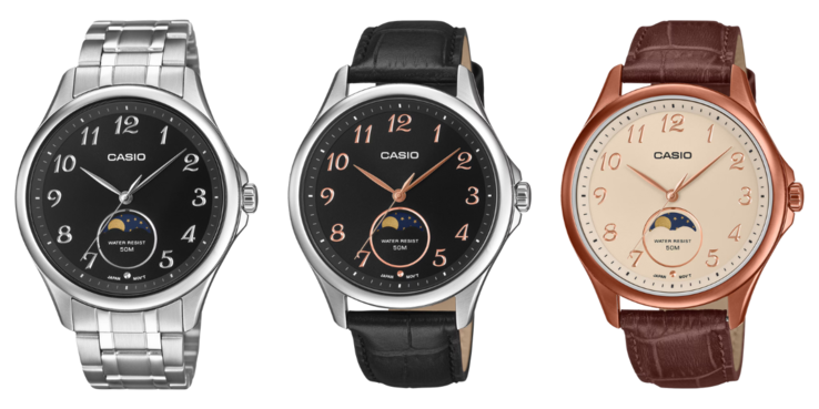 De gauche à droite : les montres Casio MTP-M110D-1AV, MTP-M110L-1AV et MTP-M110RL-5AV. (Source de l'image : Casio)