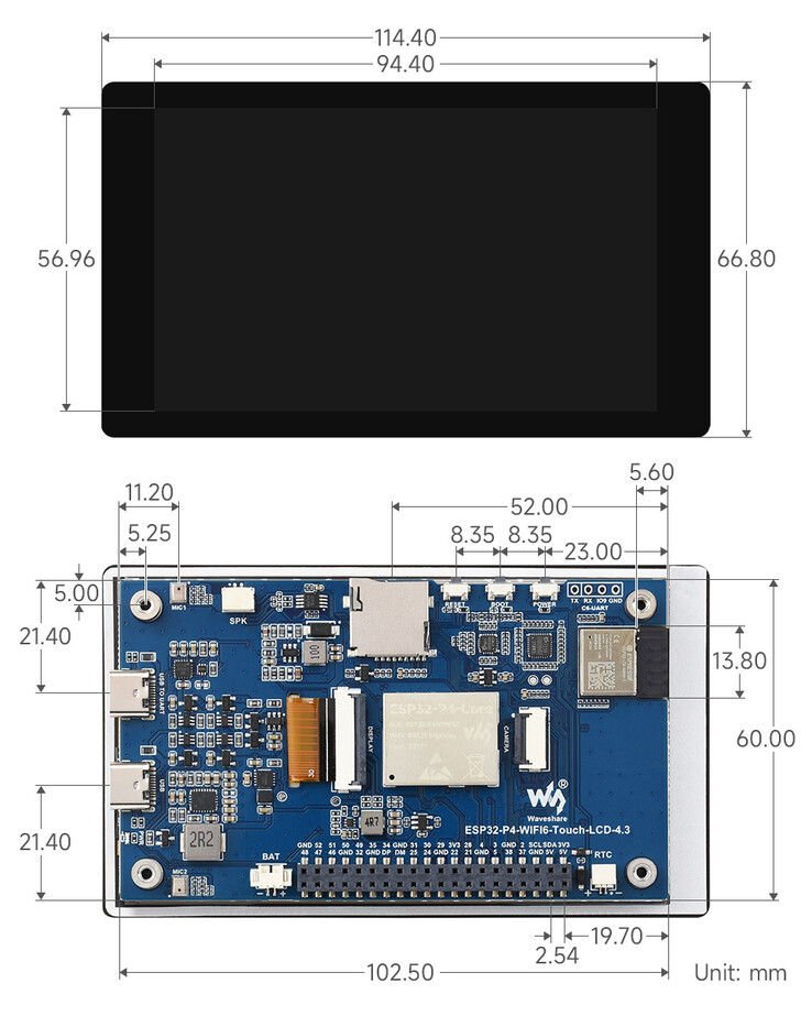 Dessin mécanique de l'écran tactile ESP32-P4 de 4,3 pouces avec dimensions détaillées de la carte et du boîtier (en mm)