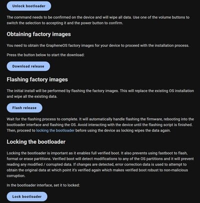 Comme pour l'outil de récupération en ligne Pixel, 4 clics via un programme d'installation en ligne suffisent pour installer Graphene (Image Source : GrapheneOS)