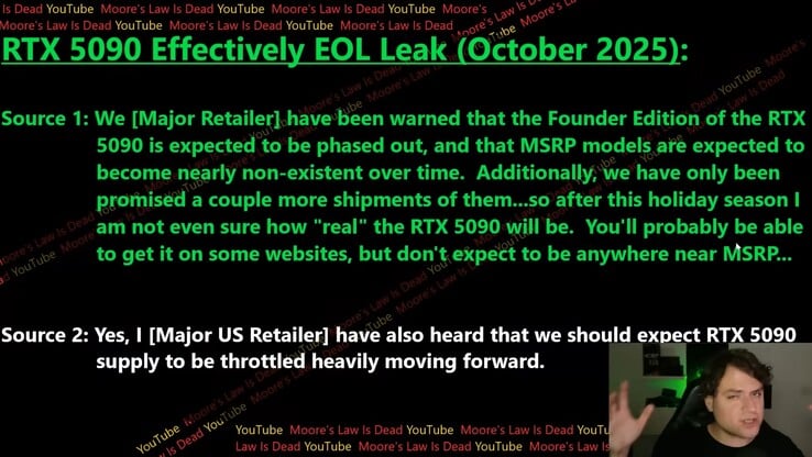 L'offre de RTX 5090 devrait être considérablement réduite dans les mois à venir. (source de l'image : Moore's Law Is Dead)