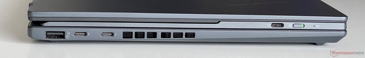 À gauche : USB-A 3.2 Gen.1 (5 Gbit/s), 2x USB-C 4.0 avec Thunderbolt 4 (40 GBit/s, DisplayPort, Power Delivery), USB-C (pour charger le clavier Bluetooth)