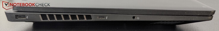 À gauche : USB-A (5 Gbit/s), USB-C (10 Gbit/s), prise pour casque d'écoute