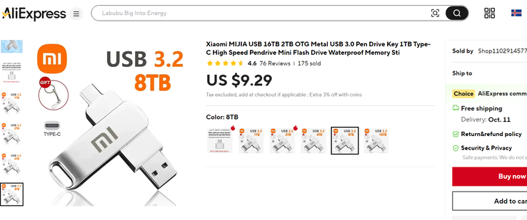 La liste des clés USB (Source de l'image : Capture d'écran - Notebookcheck / Aliexpress)