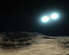 Illustration d'artiste représentant deux étoiles à neutrons et une planète.