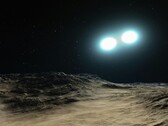 Illustration d'artiste représentant deux étoiles à neutrons et une planète.