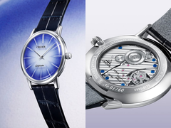 Le cadran de la Credor GCBY991 Goldfeather (à gauche) et le calibre 6890 à remontage manuel (à droite), sur fond bleu-blanc. (Source de l'image : Credor - édité)