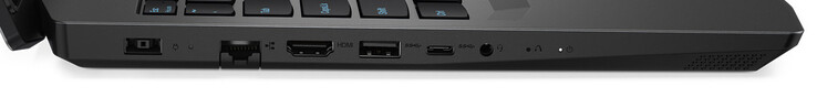 Côté gauche : entrée secteur, Ethernet gigabit, HDMI, 2 USB 3.2 Gen 1 (1 USB A, 1 USB C), combo audio.