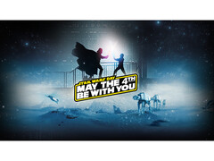 Image promotionnelle de la vente Steam Star Wars Day, montrant Dark Vade et Luke Skywalker engagés dans un combat au sabre laser, avec un texte promotionnel en haut (Image Source : Steam)