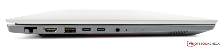 Côté gauche : Ethernet (RJ45), HDMI 1.4b, USB 3.1 Gen 1, USB A 3.1 Gen 1, USB C 3.1 Gen 2 x2, jack 3,5 mm.