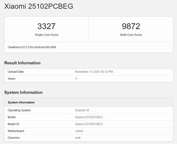 POCO F8 Ultra sur Geekbench