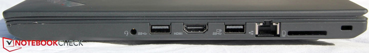 Côté gauche : combo écouteurs / micro jack, USB A 3.0, sortie HDMI, USB A 3.0 (PowerShare), Ethernet, lecteur de carte SD.