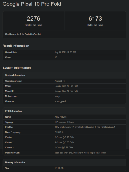 Score Geekbench du Tensor G5 (source : Geekbench)