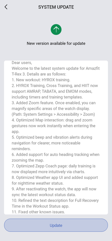 Les notes de mise à jour de la version 3.9.4.4 de la smartwatch T-Rex 3. (Source de l'image : Amandeepxreal via Reddit)