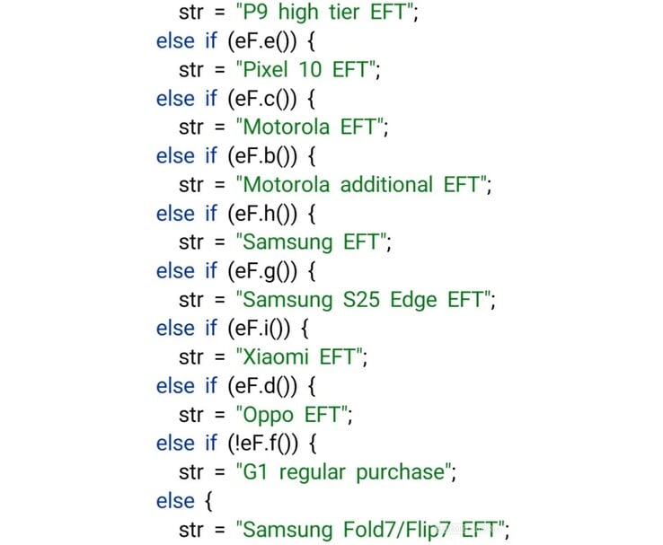 Extrait de code montrant un teardown APK avec des références à Pixel 10, Samsung Fold7/Flip7, S25 Edge, et d'autres appareils Android éligibles à la version d'essai de Gemini AI Pro. (Source de l'image : AssembleDebug via Android Authority)