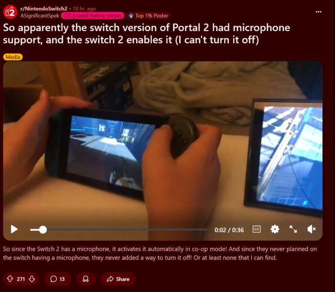 Portal 2 Switch 2 toujours sur le micro démontré (source d'image : capture d'écran, Nintendo Switch 2 subreddit)