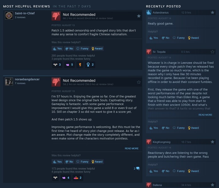 Wuchang : Fallen Feathers récentes critiques sur Steam (Image source : screenshot, Steam)