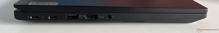 À gauche : USB-C 3.2 Gen 1 (5 Gbps, DisplayPort ALT Mode 1.4, Power Delivery), USB-C 3.2 Gen 2 (10 Gbps, DisplayPort ALT Mode 1.4, Power Delivery), USB-A 3.2 Gen.1 (5 Gbps, alimenté), HDMI 1.4b, audio 3,5 mm