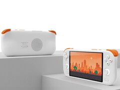 Ordinateur de poche Mangmi AIR X en blanc et orange avec écran et haut-parleur arrière. (Source de l'image : Mangmi)