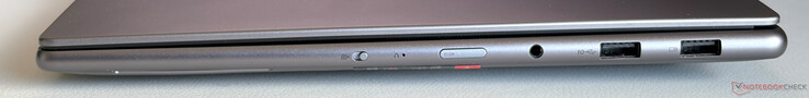 A droite : Webcam eShutter, bouton d'alimentation, 3,5 mm stéréo, 2x USB-A 3.2 Gen.2 (10 Gbps, 1x Always-on)