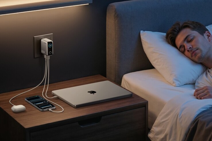 Le chargeur Anker (100W, 3 ports, Smart Display) fournit suffisamment d'énergie pour alimenter un MacBook, un iPhone et des AirPods en même temps. (Source de l'image : Anker)