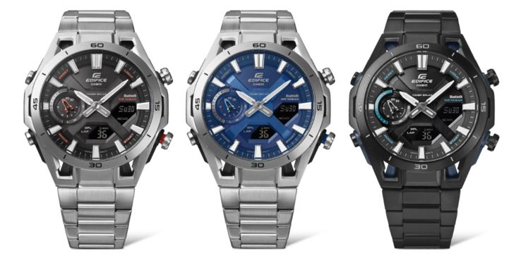 De gauche à droite : les montres Casio Edifice ECB-2300D-1A, ECB-2300D-2A et ECB-2300DC-1A (Source de l'image : Ersa Watch, édité)
