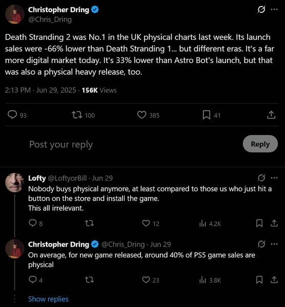 Message de Christopher Dring X sur les ventes de Death Stranding 2 (Image source : Christopher Dring X account)