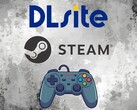 Logos DLsite et Steam au-dessus de la manette (Source de l'image : DLsite, Steam avec modifications)