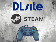 Logos DLsite et Steam au-dessus de la manette (Source de l'image : DLsite, Steam avec modifications)