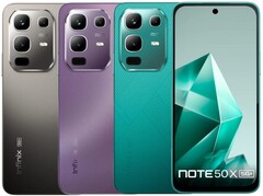 L'Infinix Note 50x 5G est disponible en vert mer, violet enchanté et gris titane (Image source : Infinix)
