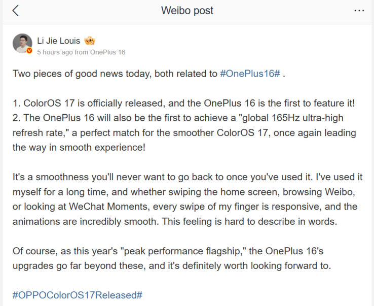 Li Jie a confirmé que le OnePlus 16 et ColorOS 17 offriront d'emblée un taux de rafraîchissement global de 165 Hz.