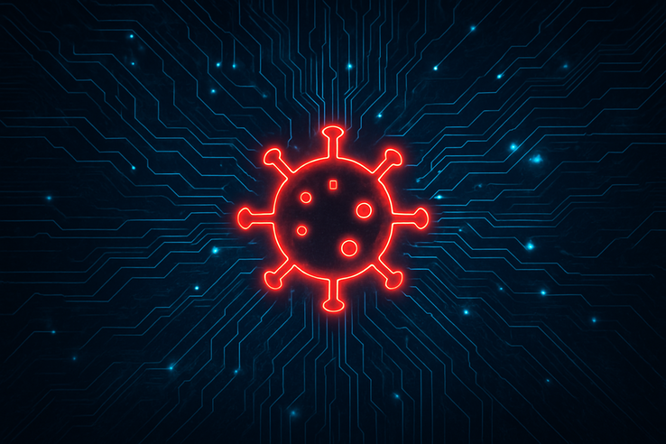 Virus lumineux abstrait se propageant dans les circuits numériques (Source de l'image : art conceptuel généré par l'IA)
