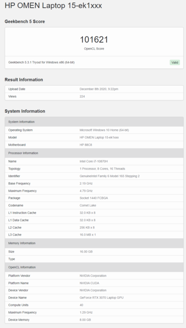 HP Omen 15 avec Core i7-10870H et RTX 3070 Mobile sur Geekbench. (Source : Geekbench)