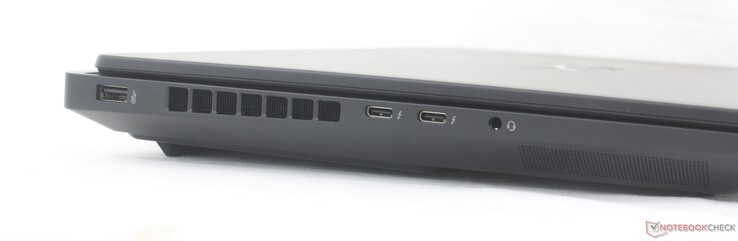À gauche : USB-A (10 Gbit/s), 2x USB-C Thunderbolt 4 avec DisplayPort 2.1 + Power Delivery 3.1 (40 Gbit/s), prise casque 3,5 mm