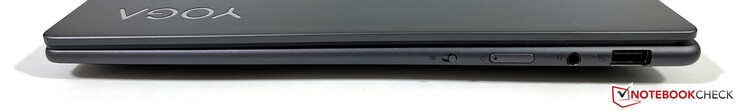A droite : Webcam eShutter, bouton d'alimentation, prise audio 3,5 mm, USB-A 3.2 Gen 1 (5 GBit/s, alimenté)